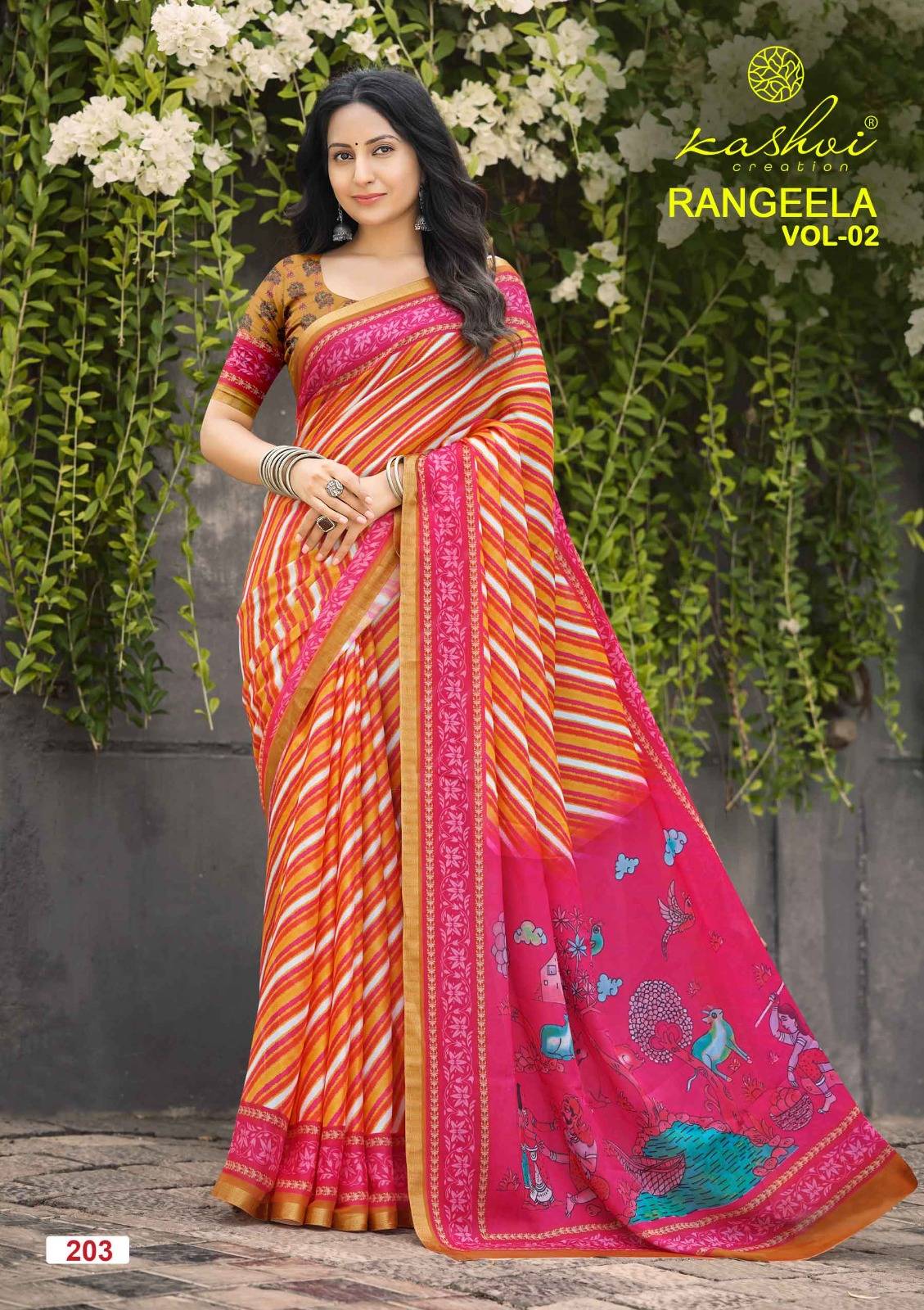 RANGEELA VOL- 2 By KASHVI CREATION 201 To 208 Series  Indian Traditional Wear Collection Beautiful Stylish Fancy Colorful Casuals Wear DULL MOSS KASAB BORDER Sarees At Wholesale Price